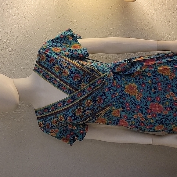 Zesica 1990s Turquoise Surplice Floral Wrap Maxi Prairie Dress - Picture 6 of 13